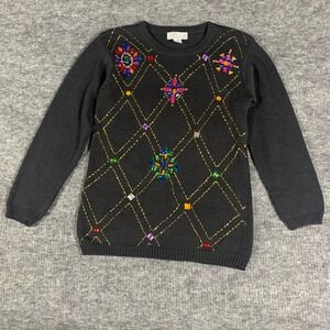 VTG Crystal Kobe Sweater Womens Medium Petite Black Beaded Rhinestone Floral 90s